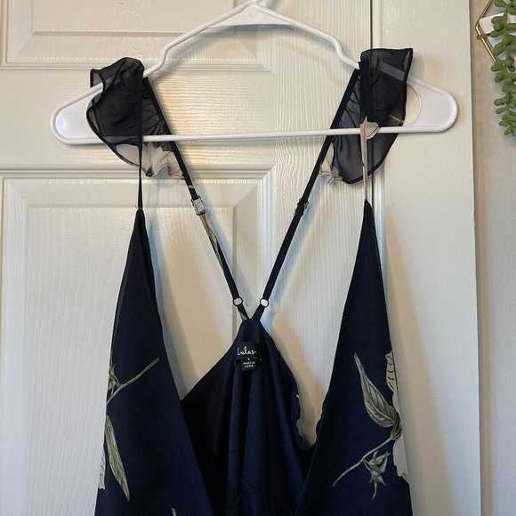 Lulus - Navy and White - Floral High-Low Wrap Dress - Size Large - Picture 9 of 13